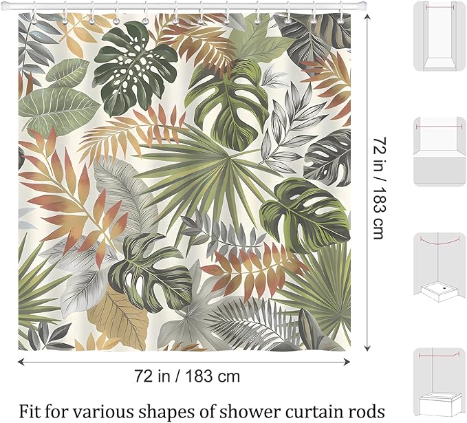 Tropical Leaves Shower Curtain, Grey Green Palm Leaf Botanical Summer Shower Curtain for Bathroom, Waterproof Polyester with 12 Hooks, 72 x 72 Inches