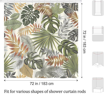 Tropical Leaves Shower Curtain, Grey Green Palm Leaf Botanical Summer Shower Curtain for Bathroom, Waterproof Polyester with 12 Hooks, 72 x 72 Inches