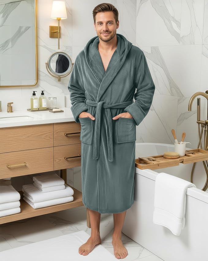 NY Threads Luxury Ultra Soft Mens Robe with Hood Plush Fleece Long Bathrobe