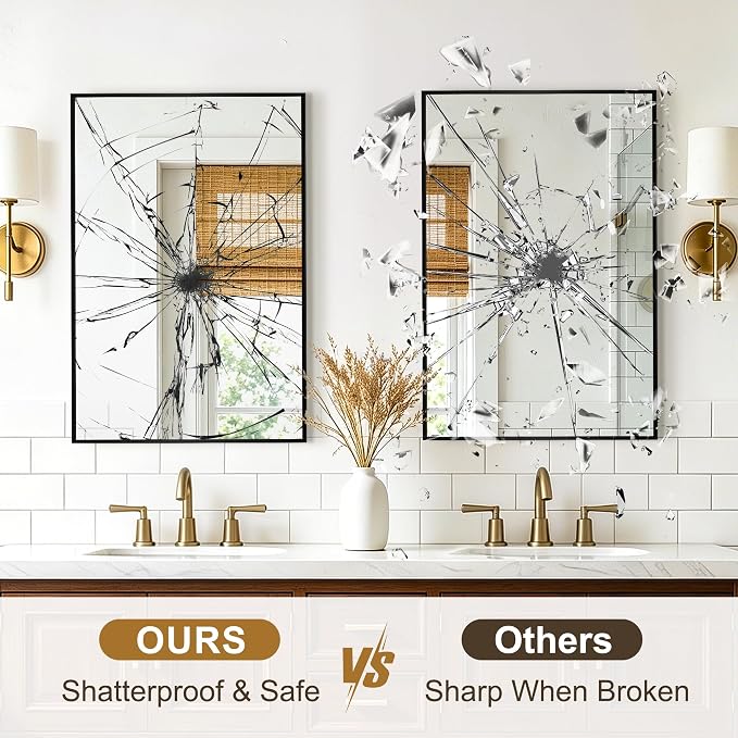 Rectangular Bathroom Mirror, 30"x20" Black Metal Framed Vanity Mirror | HD Shatterproof Wall Mirror, Horizontal or Vertical Hanging, Easy Installation for Bathroom, Bedroom, Living Room, Entryway