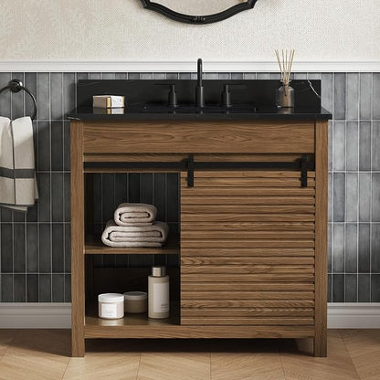 36 Inch Farmhouse Bathroom Vanity with Sink, Walnut | Pre Assembled Freestanding Bathroom Sink Cabinet, Sliding Barn Doors & Soft-Closing Drawers, Single Sink, Adjustable Feet
