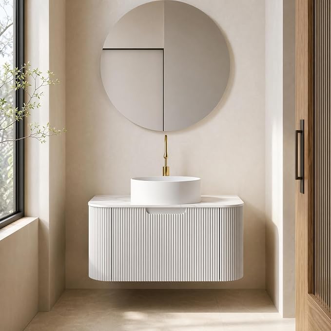 30 Inch Bathroom Vanity with Sink, Floating Wall Mounted Single Sink Vanity, White Curved Fluted Front, Stone Top, Pure White Round Vessel Basin, Pre-Assembled