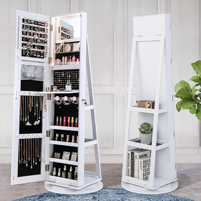 MAT EXPERT 360° Rotating Jewelry Armoire, Lockable Freestanding Jewelry Organizer w/Full-length Mirror, 3-Color LED Lights, Rear Storage Shelves, Mirror Jewelry Cabinet for Bedroom (White)