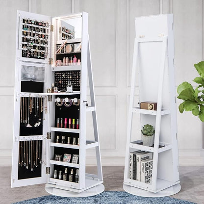 MAT EXPERT 360° Rotating Jewelry Armoire, Lockable Freestanding Jewelry Organizer w/Full-length Mirror, 3-Color LED Lights, Rear Storage Shelves, Mirror Jewelry Cabinet for Bedroom (White)