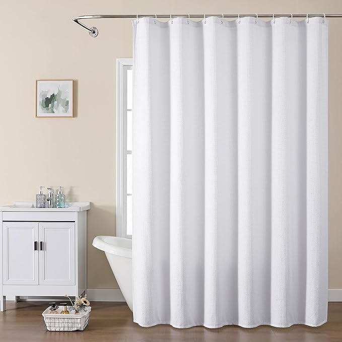 OVZME Extra Long White Shower Curtain Set- 96 Inch Long Waffle Weave Heavy Duty Fabric Shower Curtains for Bathroom, Luxury Heavy Duty Thick Cloth Shower Curtain with 12 Plastic Hooks, 72x96, White