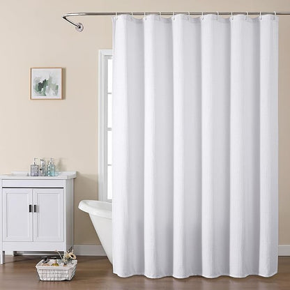 OVZME Extra Long White Shower Curtain Set- 96 Inch Long Waffle Weave Heavy Duty Fabric Shower Curtains for Bathroom, Luxury Heavy Duty Thick Cloth Shower Curtain with 12 Plastic Hooks, 72x96, White