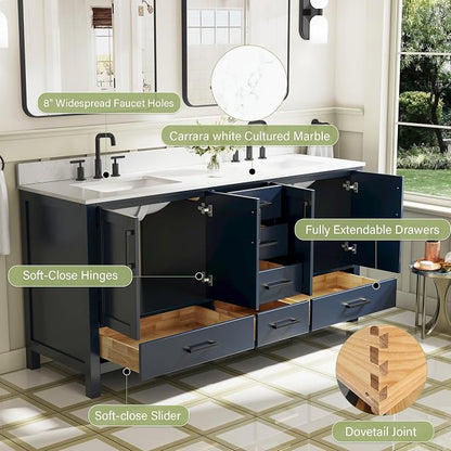 72-Inch Bathroom Vanity with Sink, 4 Soft-Close Doors and 6 Soft-Close Drawers, Bathroom Freestanding Vanity with Cultured Marble Countertop, Navy Blue Vanity with Matte Black Handles