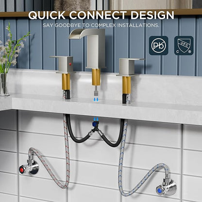 QFN Brushed Nickel Bathroom Faucet 3 Hole, 8 Inch Widespread Square Bathroom Sink Faucet with Metal Pop-up Drain and 24" CUPC Supply Line, Lead-Free 2 Handles for Vanity, Restroom, Lavatory and Mall