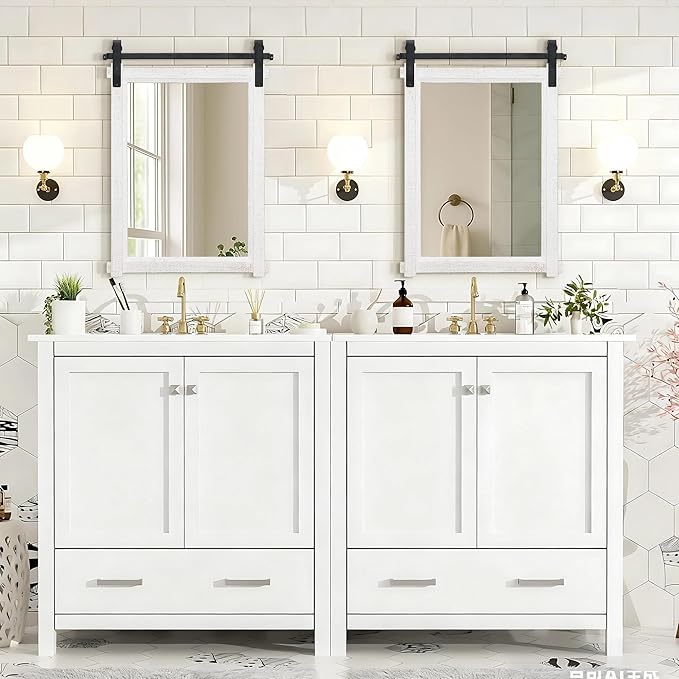 Besdomus Farmhouse Bathroom Wall Mirror: 22"x30" White Barn Door Solid Cedar Wood Frame Vanity Mirror - Rustic Home Decor for Bathroom/Living Room/Hallway - Modern Farmhouse Decor for Housewife