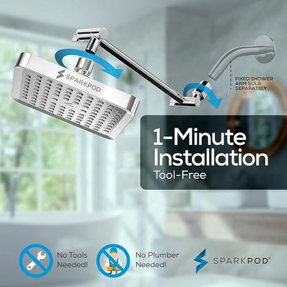 SparkPod 6" Square Rain Shower Head with 11" Shower Arm | Shower Head & Extension Arm Combo, Height Adjustable, High Pressure Performance, Easy 1-Minute Installation, Polished Chrome