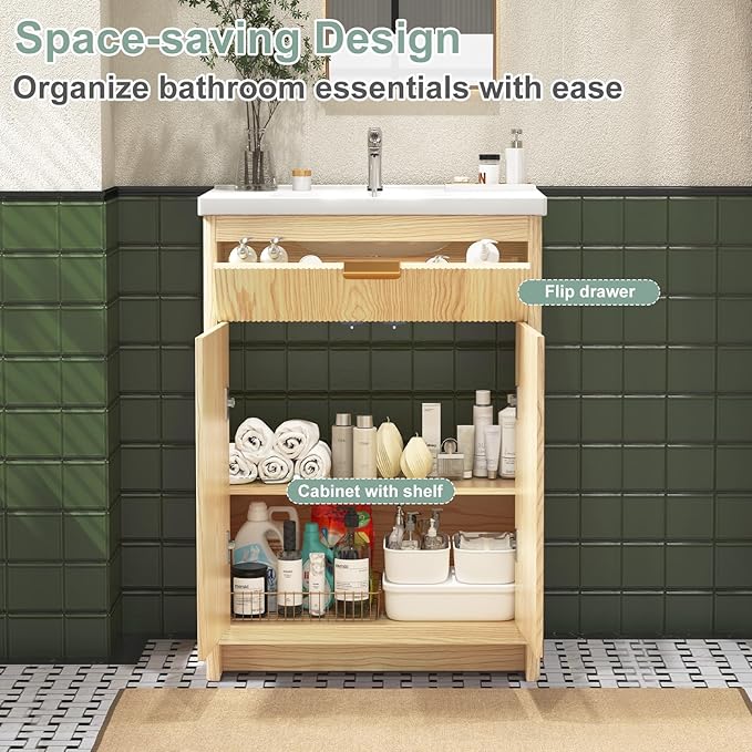 24 Inch Bathroom Vanity with Ceramic Sink, Small Bathroom Sink Cabinet with Fluted Doors and Flip Drawer, Single Sink Bath vanities Combo, Natural Oak (19" D x 24" W x 36" H)