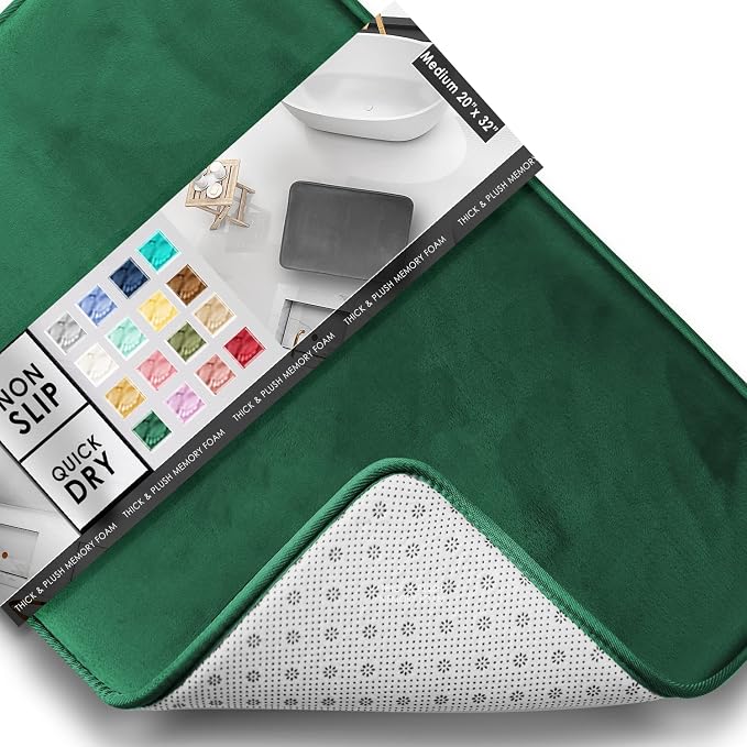 Clara Clark Bathroom Rugs, Velvet Memory Foam Bath Mat, Non-Slip, Machine Washable Bath Rugs - Dries Quickly, Ultra Soft Plush Bath Mats for Bathroom, 20 x 32, Hunter Green