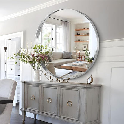 Silver Round Mirror 36 inch Deep Frame Circle Mirror, Metal Framed Bathroom Mirror, Round Vanity Mirror, Circle Mirrors for Wall Entryway Bedroom Living Room Hallway