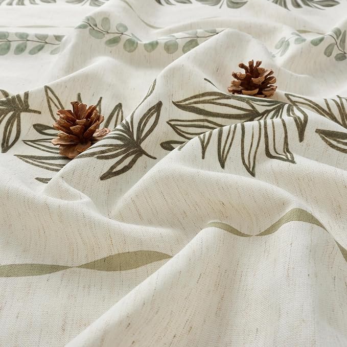ORTIGIA Linen Striped Shower Curtain 72x84 Inch Extra Long with Metal Hooks,Sage Green Leaf Botanical Waterproof Natural Linen Bath Curtain for Rustic Farmhouse Bathroom Decor