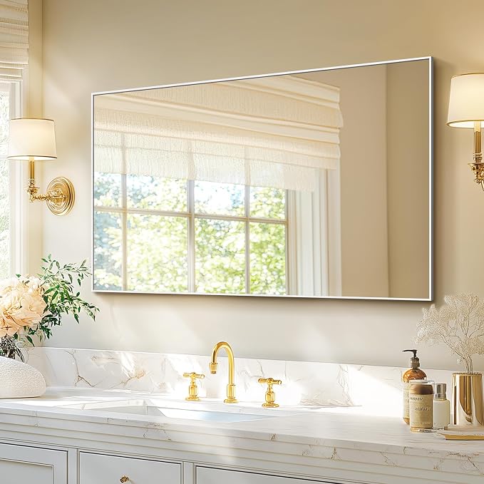 Bathroom Vanity Mirror for Wall, 30"x48" Bathroom Mirror for Over Sink | HD Shatterproof Glass, Rectangular Metal Frame, Horizontally or Vertically, Mirror for Bathroom, Living Room, Entryway,Silver