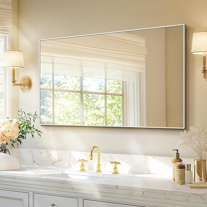 Bathroom Vanity Mirror for Wall, 30"x48" Bathroom Mirror for Over Sink | HD Shatterproof Glass, Rectangular Metal Frame, Horizontally or Vertically, Mirror for Bathroom, Living Room, Entryway,Silver