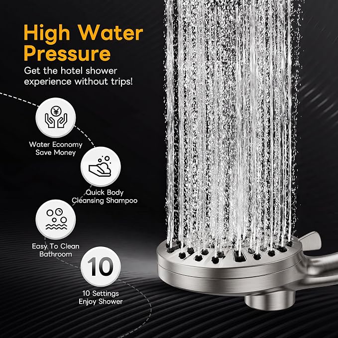 Superior Handheld Shower Head with Magnetic Docking System | 10-Function High Pressure Detachable Shower Head, 5-inch Shower head with 60 Inch Hose, Remote Dock, Brushed Nickel