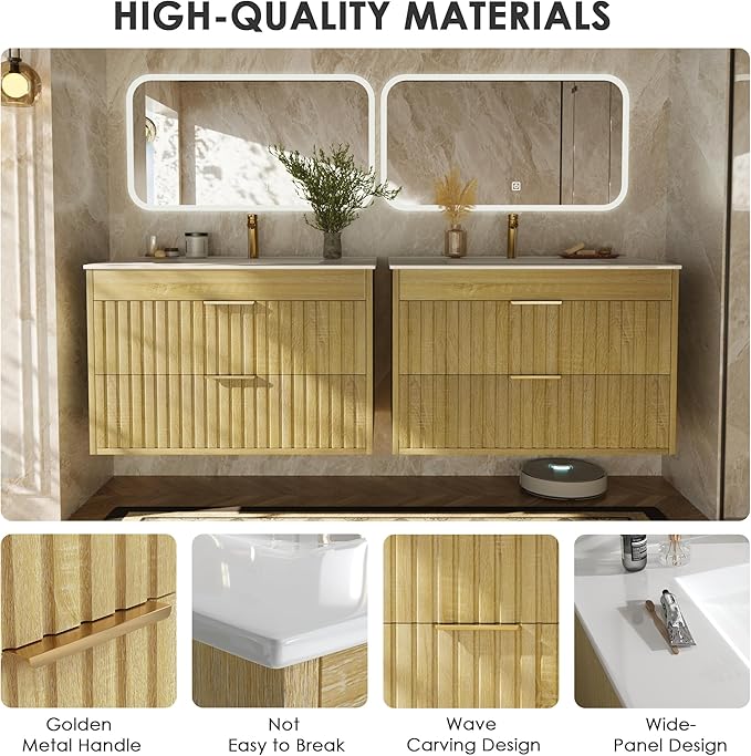 30" Bathroom Vanity with Sink, Floating Bathroom Vanity with 2 Fluted Drawers & Metal Handle, Wall Mounted Cabinets with Integrated Ceramic Sink for Apartment, Home, Wood Grain