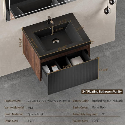 24 Inch Floating Bathroom Vanity with Sink, Modern Black Wall Mounted Floating Vanity with Scratch-Resistant Quartz Sand Basin, Soft Closing Drawers, Fully Pre Assembled Bathroom Vanity