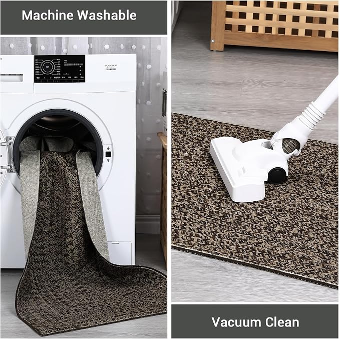 Printed Washable Runner Rug 2x8 Runners for Hallways Braided Pattern Non Slip Bath Mat Modern Soft Bedroom Rug Farmhouse Kitchen Rugs Entryway Rugs Stain Resistant Carpet 2'x8' Black/Brown