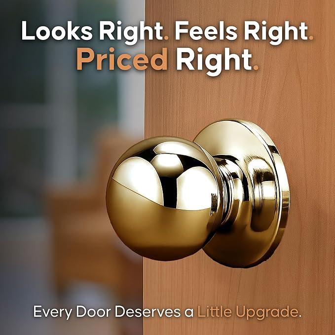 Copper Creek Passage Interior Door Knob – ANSI Grade-3 Certified, Modern Heavy Duty Handle, Easy Install and Reversible for Bedroom, Bathroom & Closets – Polished Brass (1 Pack)