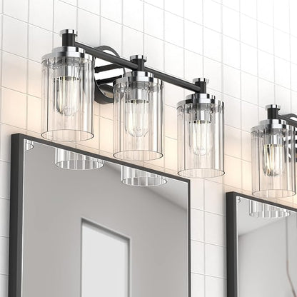 Bathroom Lighting Fixtures Black and Chrome Bathroom Vanity Light with Cylindrical Clear Stripes Glass Lampshade E26 Socket Base Bathroom Lighting Fixtures Over Mirror (3 Lights)