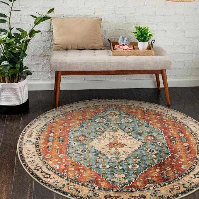 Lahome Felice Boho Tribal Round Rugs 5ft Washable Kitchen Round Area Rug, Non Slip Bedroom Living Room Circle Circular Rug, Oriental Low Pile Entryway Carpet for Bathroom (Rust/Dull Teal,5ft-Round)