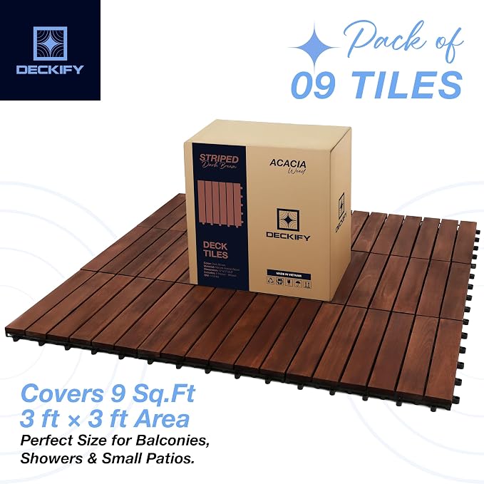 9-Piece Acacia Wood Interlocking Deck Tiles, Dark Brown Striped | 6-Slat Wide Contact, Naturally Water-Resistant, Non-Slip Grip, 490 lb Capacity, Oil-Rubbed Finish, Tool-Free, Renter-Friendly