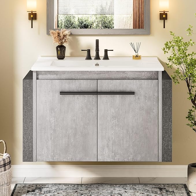 DWVO 24" Bathroom Vanity with Sink Combo, Wall Mounted Modern Bathroom Cabinet with Ceramic Sink, Large Storage Double Soft-Close Doors Cabinet Vanity, Grey