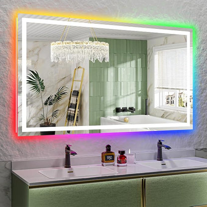 68x40 LED Bathroom Mirror with Lights, RGB Backlit Lighted Mirror | Backlit and Front Light, Anti-Fog, 3 Color Dimmable, Memory, Tempered Glass, IP54 Waterproof, UL Listed