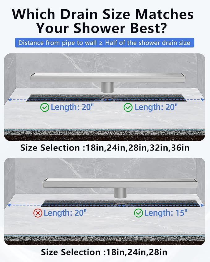YEFU Shower Drain 24 Inch, 2-in-1 Linear Shower Drain for Bathroom Toilet | Tile Insert Grate, Anti-Corrosion, 304 Stainless Steel, Shower Floor Drain with Hair Catcher, Linear Drain with Fast Drainage
