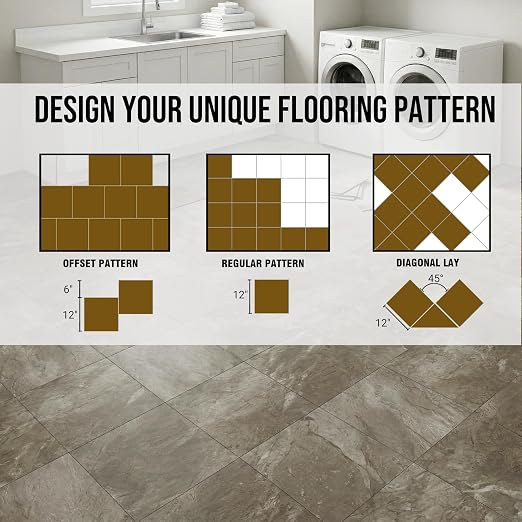 Peel and Stick Floor Tiles, 12 Sq.Ft Waterproof Vinyl Flooring, Thick Beige-Brown Marble Look Tiles, Durable Slip-Resistant Tiles for Bathroom, Kitchen & Renter-Friendly DIY Home Upgrade(12”x12”) | 12 Sq.Ft 12x12 Marble Look Tiles, Durable Water&Oil Re...