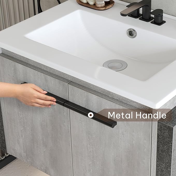 YITAHOME 24 Inch Floating Bathroom Vanity with Sink, Grey Wall Mounted Modern Bathroom Vanity, Bathroom Cabinet Vanity with Double Extra Large Doors