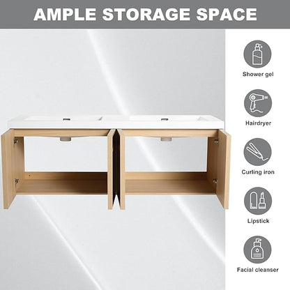 60" Wall Mounted Bathroom Vanity - Floating Bathroom Vanity with Double Resin Sink, 4 Soft Closing Doors, Original Oak Plywood (KD-Packing)