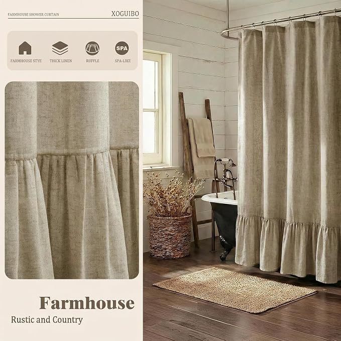 Farmhouse Shower Curtain Ruffle Linen Flax Khaki 72" W x 72" L | Linen Fabric, Farmhouse Boho, Bottom Ruffle, Rustic, Country, Natural Look, Washable, Shower Curtain for Bathroom Bathtub