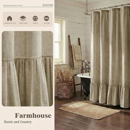 Farmhouse Shower Curtain Ruffle Linen Flax Khaki 72" W x 72" L | Linen Fabric, Farmhouse Boho, Bottom Ruffle, Rustic, Country, Natural Look, Washable, Shower Curtain for Bathroom Bathtub