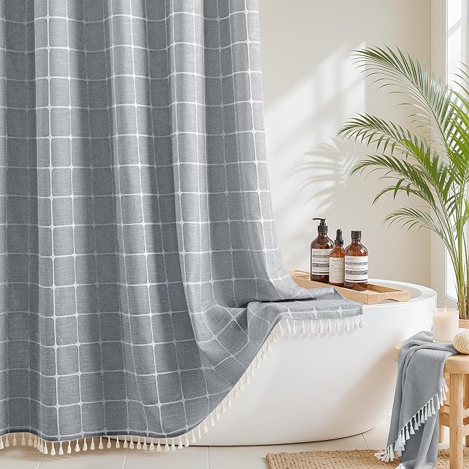 River Dream Farmhouse No Hooks Shower Curtain with Snap-in Liner,Blue,71x74 | Snap on Fabric Liner,Heavy Duty,Quick Dry,Mesh Top Window,With Bottom Magnets,Washable,with Tassels,Standard Size