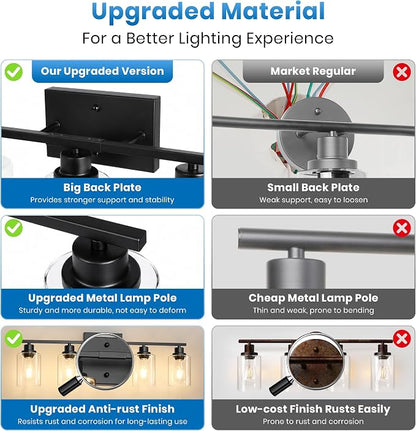 Ascher 5 Light Bathroom Light Fixture, Matte Black Bathroom Lighting Fixtures Over Mirror, Vanity Light with Clear Glass Shade, Wall Sconce for Living Room Bedroom Cabinet, E26 Base