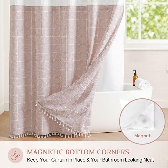 River Dream Farmhouse No Hooks Shower Curtain with Snap-in Liner,Pink,71x74 | Snap on Fabric Liner,Heavy Duty,Quick Dry,Mesh Top Window,With Bottom Magnets,Washable,with Tassels,Standard Size