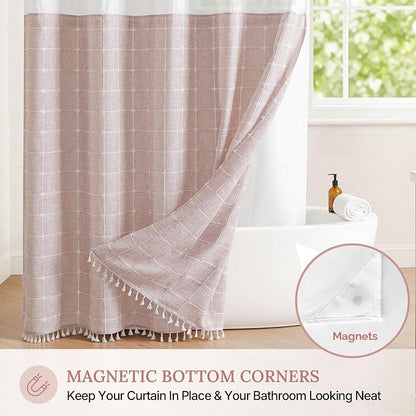 River Dream Farmhouse No Hooks Shower Curtain with Snap-in Liner,Pink,71x74 | Snap on Fabric Liner,Heavy Duty,Quick Dry,Mesh Top Window,With Bottom Magnets,Washable,with Tassels,Standard Size