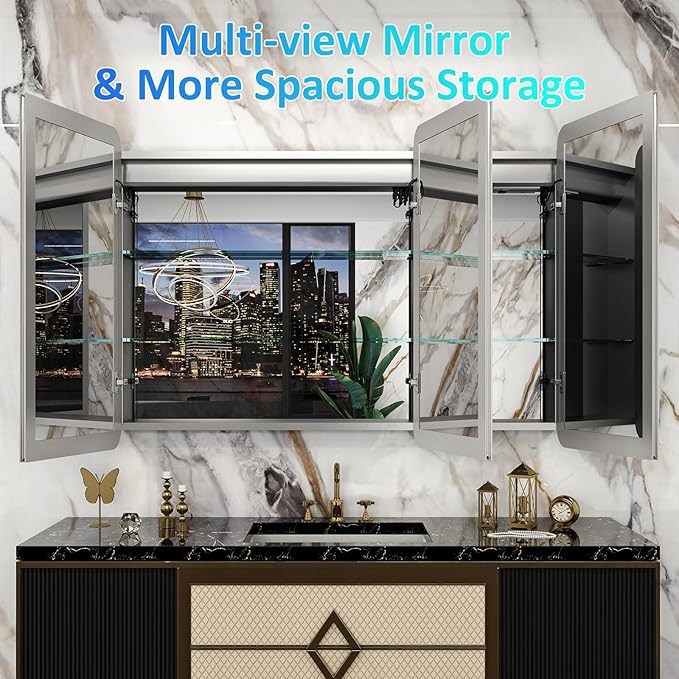 60×32 Inch Lighted Medicine Cabinet with Mirror, RGB Backlit LED Medicine Cabinet with 3-Color Front Lights, Bathroom Mirrored Cabinet with Electrical Outlet, Defogger, Three Door