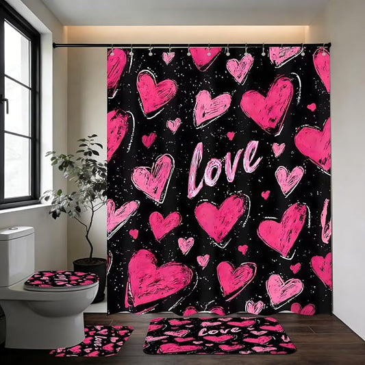 DDQQ 4 Pcs Pink Heart Shower Curtain Set Love Bathroom Sets with Shower Curtain and Rugs Romantic Bathroom Decor Accessories Bathroom Rugs Toilet Lid Cover with Hooks