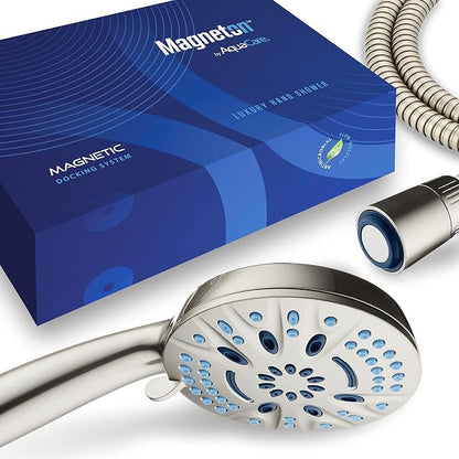AquaCare Magneton 8-Mode High Pressure Handheld Shower Head with 2 Brackets | Space-age Magnetic Guidance Docking, Giant 5-inch Face with Hygienic Jets, Extra-long 6 ft. Stainless Steel Hose / Nickel