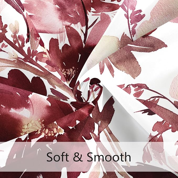 Extra Long Shower Curtain 72 x 84 Inch, Tall Burgundy Red Floral Decor | Watercolor Floral Modern Abstract Flower Bathroom Fabric Shower Curtain Set with Hooks