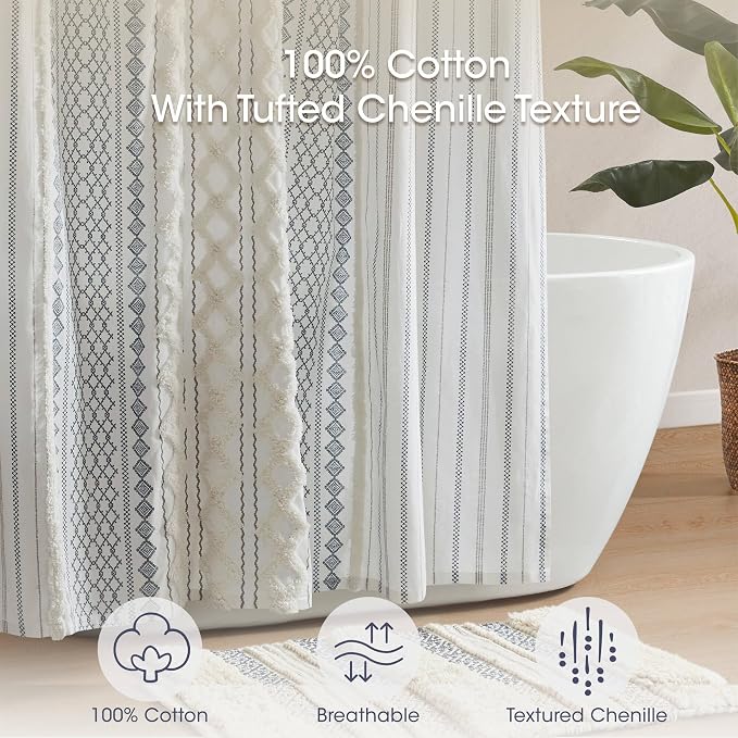 INK+IVY Extra Long Cotton Shower Curtain for Bathroom, White/Navy, 72 x 84 | Machine Washable, Boho Tufted Chenille Modern Home Bathroom Decor, Bathtub Privacy Screen, OEKO-TEX Certified