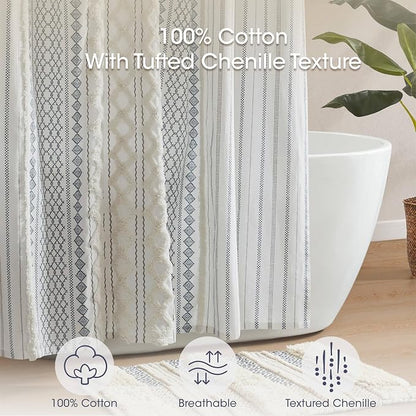 INK+IVY Extra Long Cotton Shower Curtain for Bathroom, White/Navy, 72 x 84 | Machine Washable, Boho Tufted Chenille Modern Home Bathroom Decor, Bathtub Privacy Screen, OEKO-TEX Certified