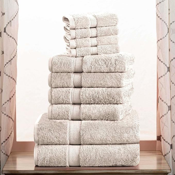 SUPERIOR Egyptian Cotton Ultra Plush & Absorbent, 10 Piece Set, Stone | Quick Dry, Soft Luxury Towel Set, Bath Essentials, Guest Bath, Spa, 2 Bath, 4 Hand, 4 Face Towels, Madeline Towels