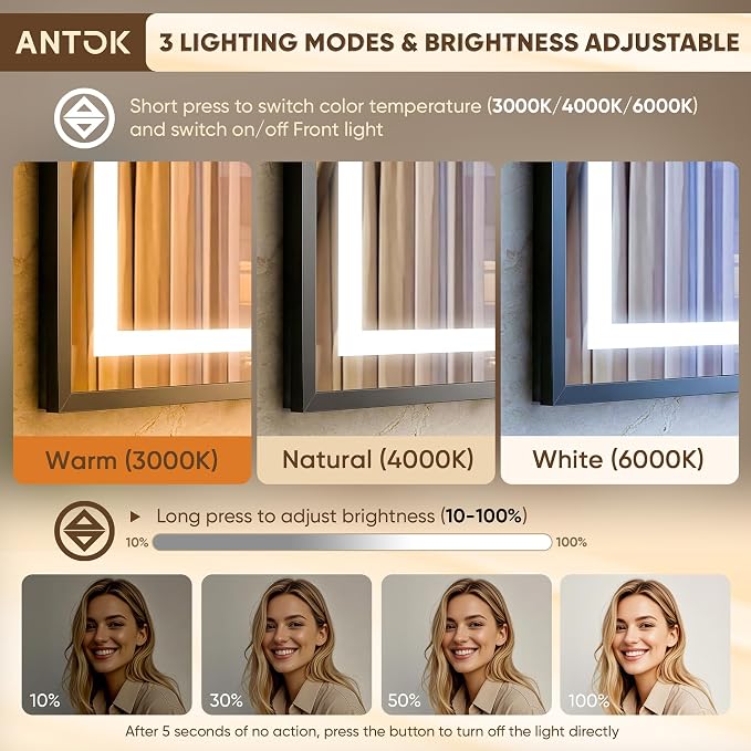 Antok 24X32 LED Bathroom Mirror with Lights, Vanity Mirror for Wall with Black Frame, Touch Control, Anti-Fog, Dimmable Lights, Shatter-Proof, Memory Function, Wall-Mounted Vanity Mirrors