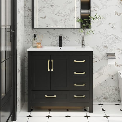 eclife 36" Bathroom Vanities with Sink Combo, Modern Thickened Wood Bathroom Storage Cabinet w/Undermount Sink, Matte Black Faucet Drain, Painted Surface, Black