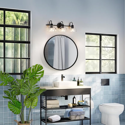 KSANA Black Bathroom Light Fixture, 3-Light Vanity Light with Large Opening Clear Glass Shade, Modern Farmhouse Wall Lamp Over Mirror